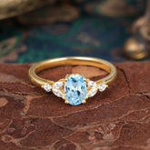1 Carat Oval Cut 4 Prong Aquamarine Ring Classic Side Stone Engagement Ring
